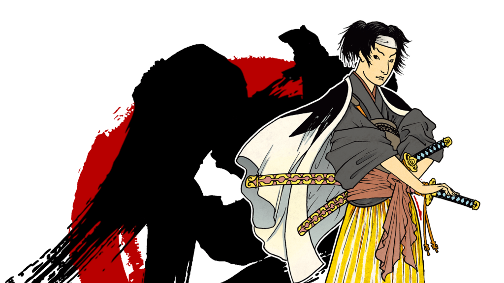 Un kagematsu pronto a sfoderare la spada con un ideogramma alle spalle